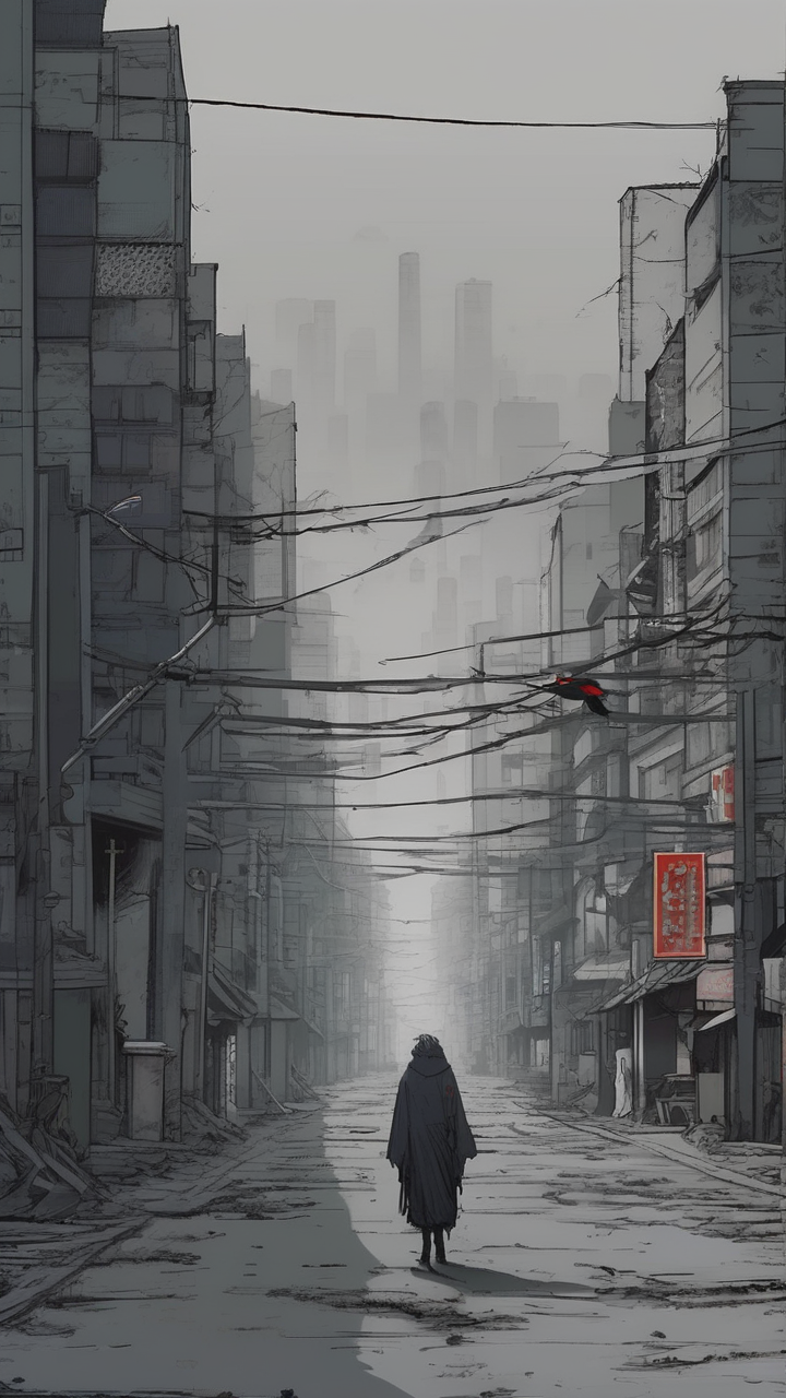 Dead city in ash and silence — Tokyo-style streets completely empty and grey