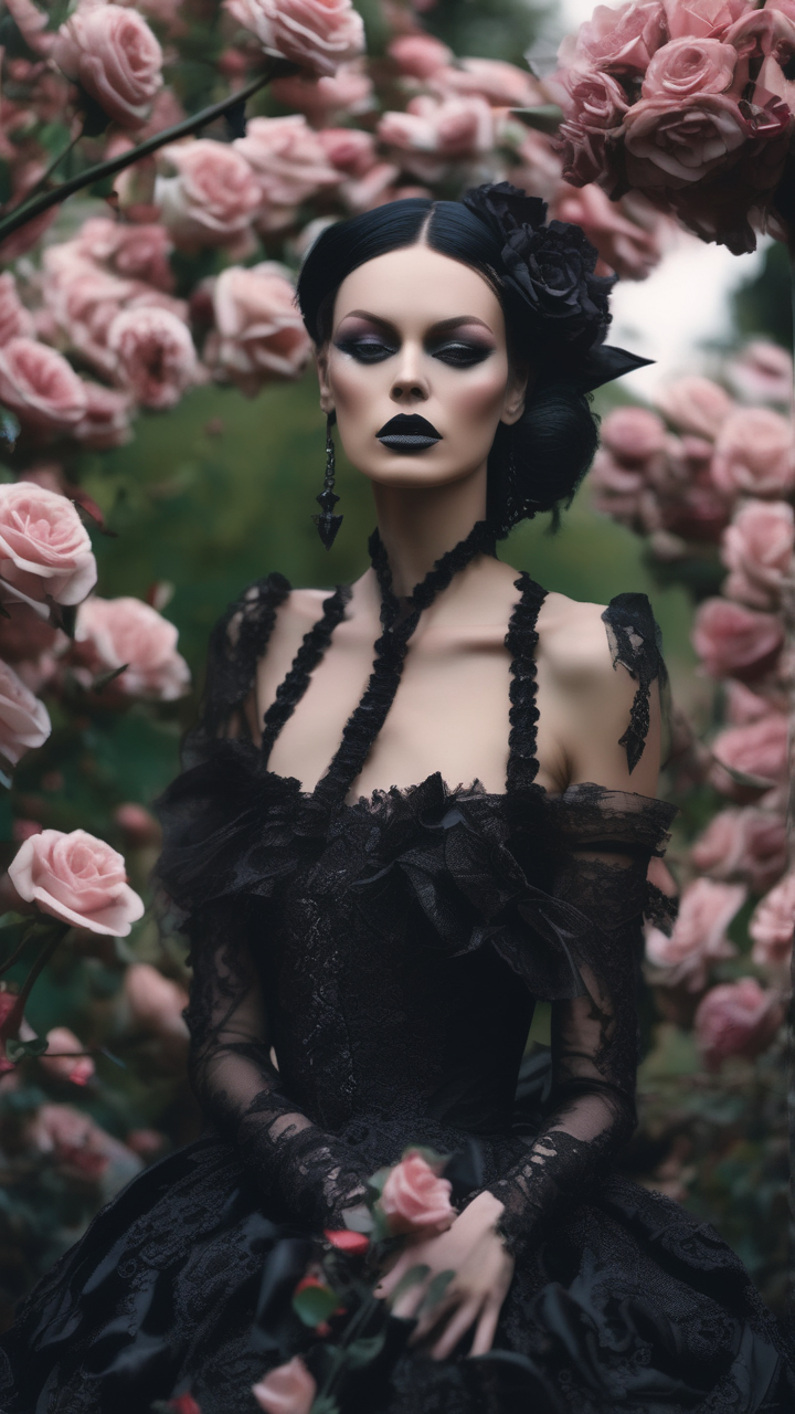 Gothic fashion editorial — model in elaborate dark couture in a rose garden at dusk