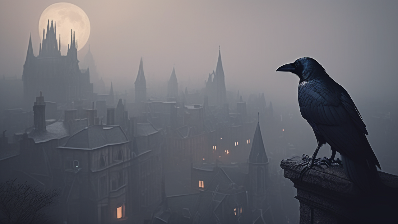 A raven on a stone gargoyle overlooking a foggy Gothic city at night