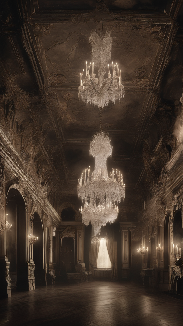 Dark baroque ballroom — ghostly dancers in candlelight