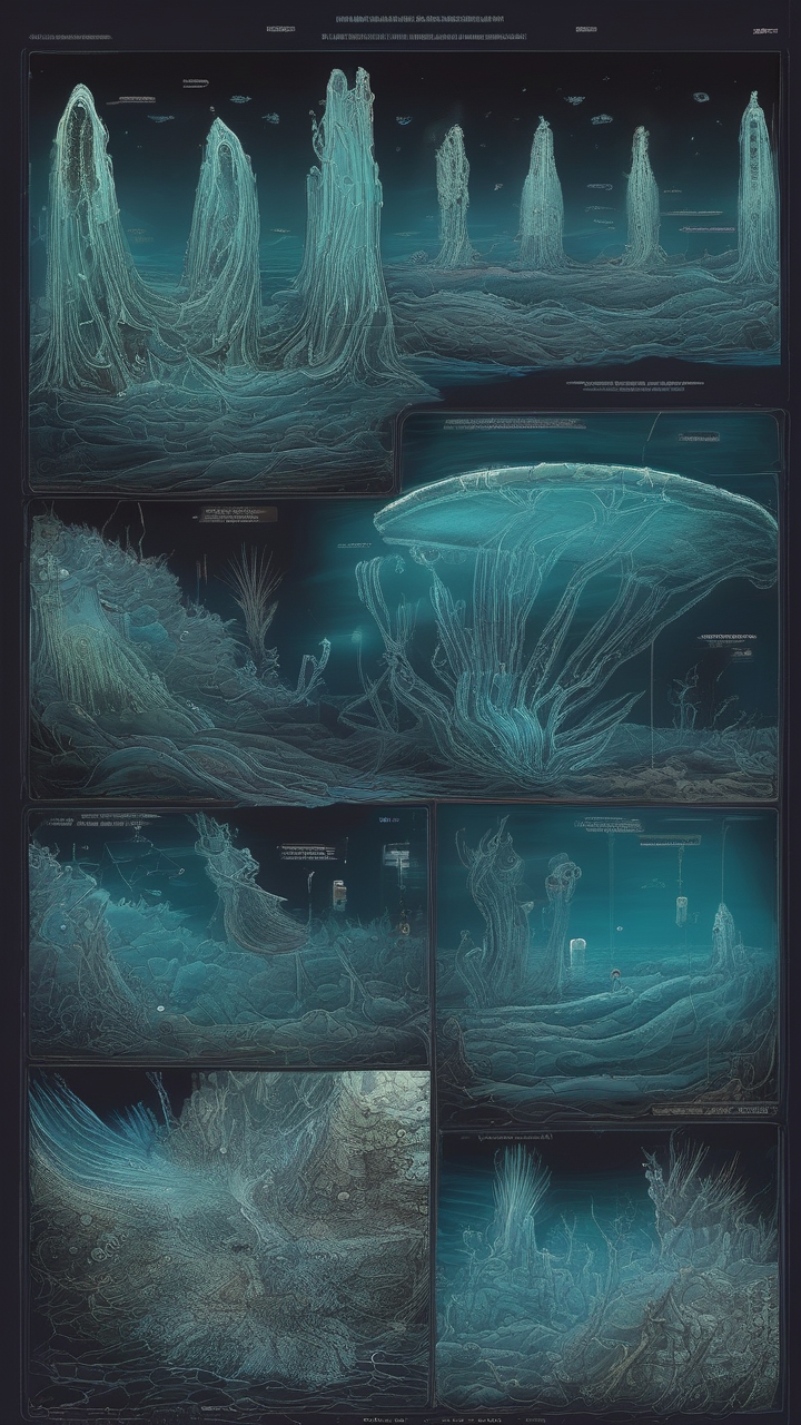 The bottom of a deep ocean trench — bioluminescent creatures