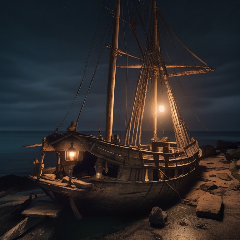 An old wooden ship wrecked on rocks at night
