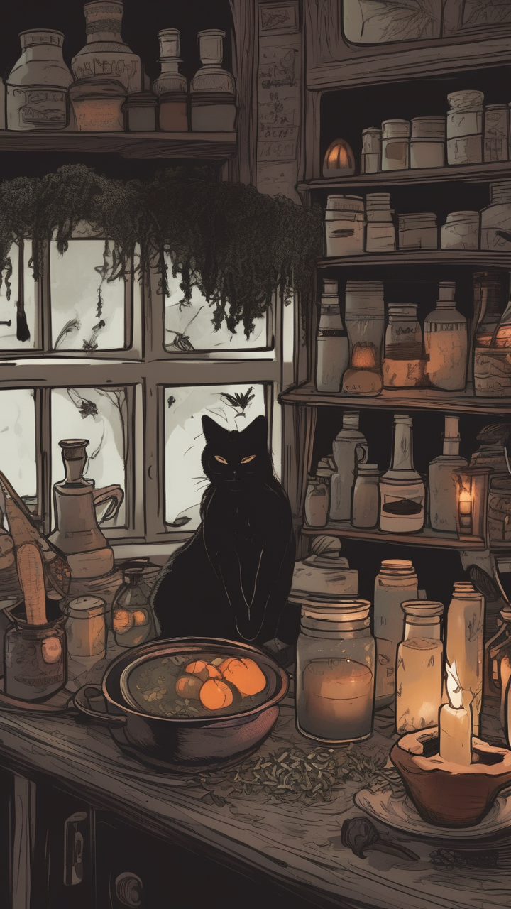 Dark cottage kitchen — dried herbs