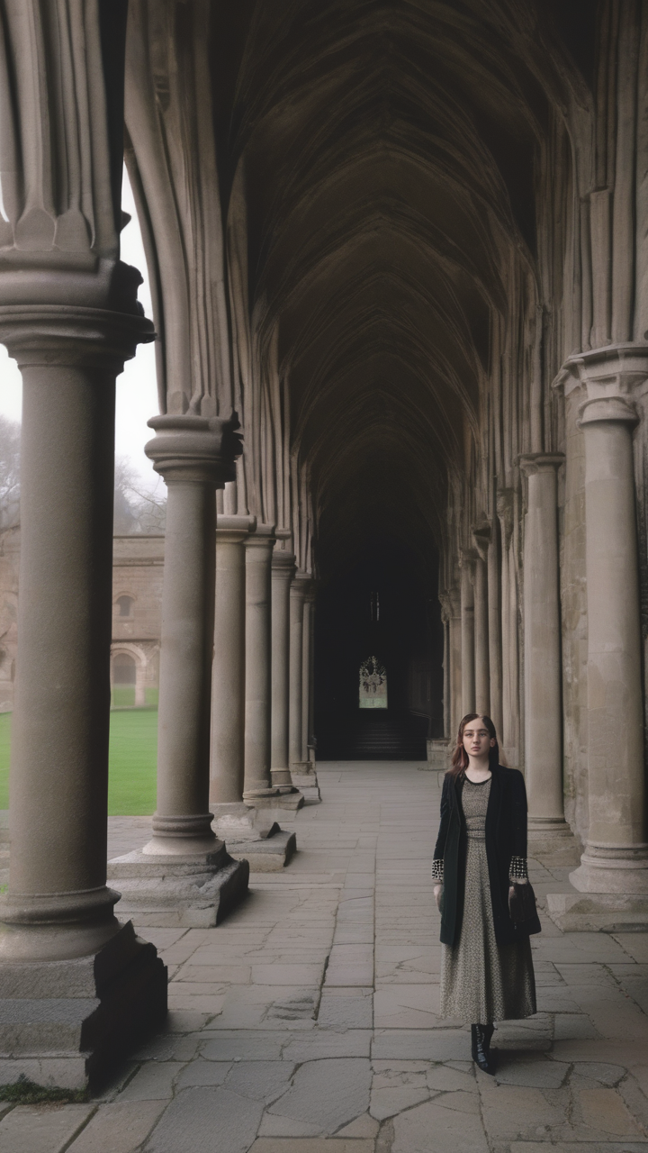 Dark academia fashion — a student in tweed and pearls in an old stone university cloister at dusk