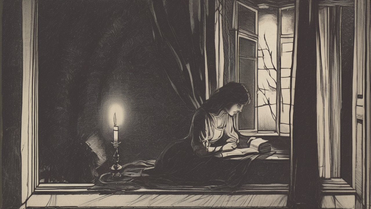 Dark romanticism — a woman reading by candlelight at a stormy window