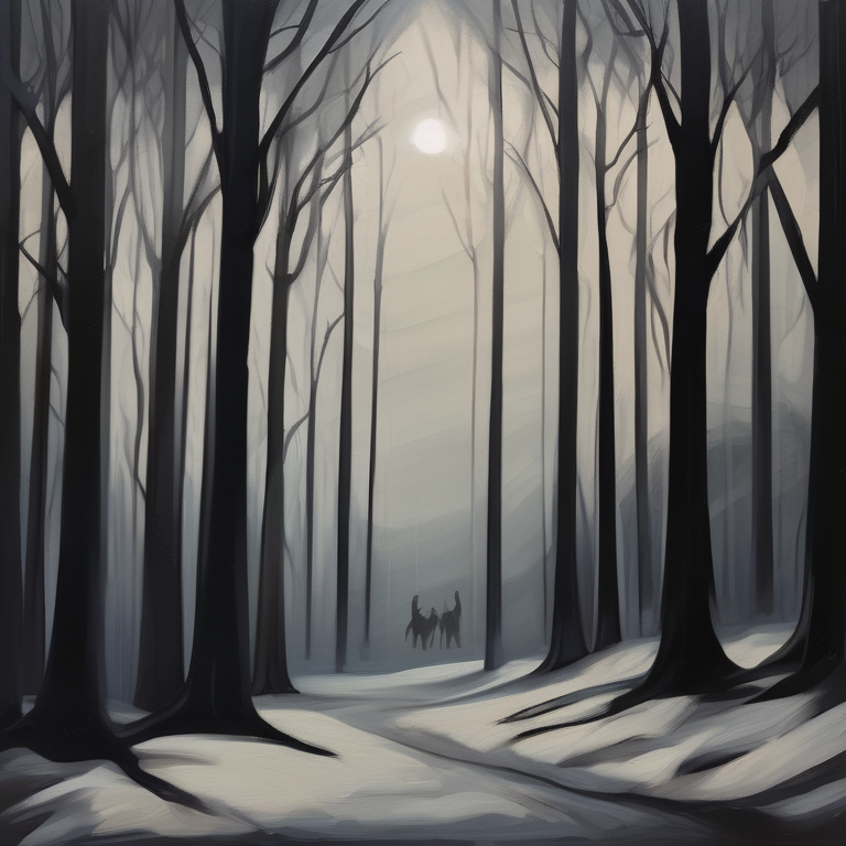 An oil painting style dark forest — massive black trees