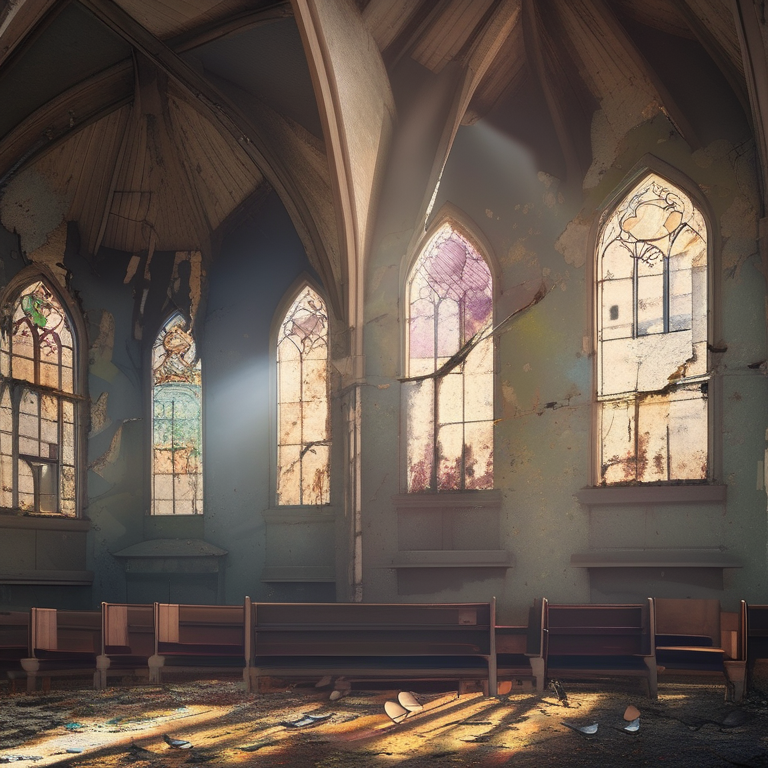 Abandoned church interior with afternoon light through broken stained glass