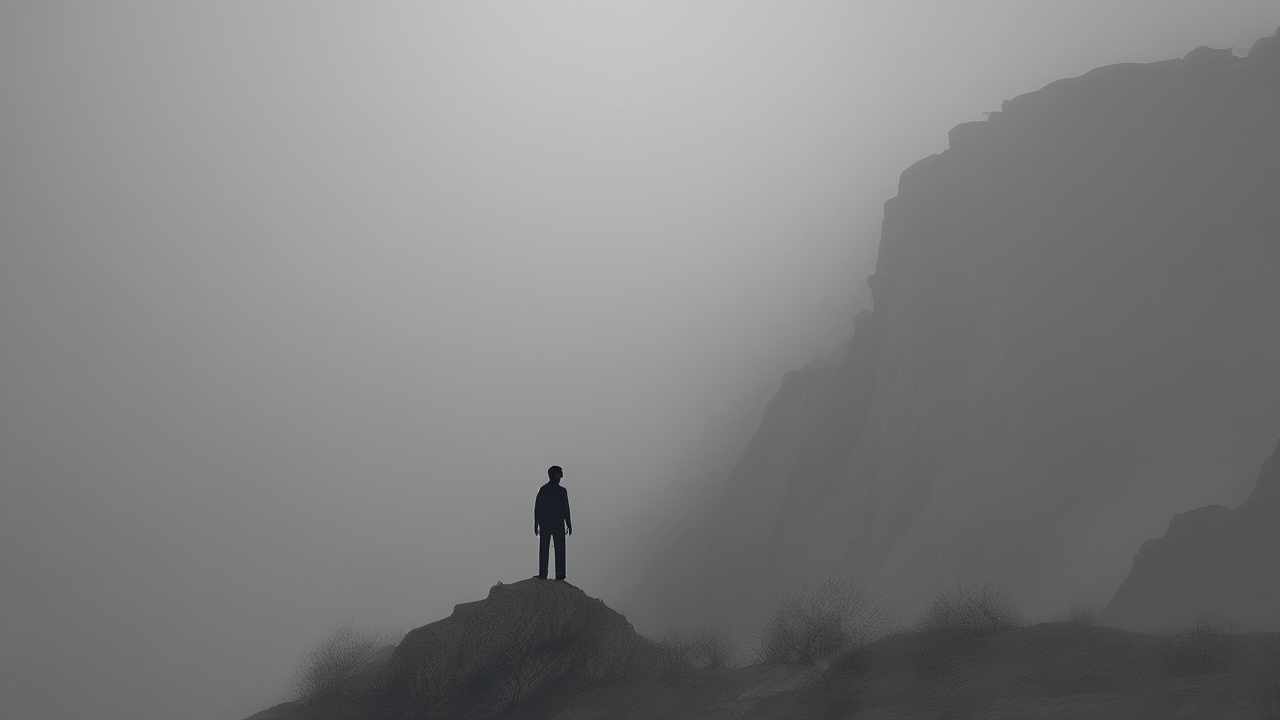 A figure standing at the edge of a foggy cliff at midnight