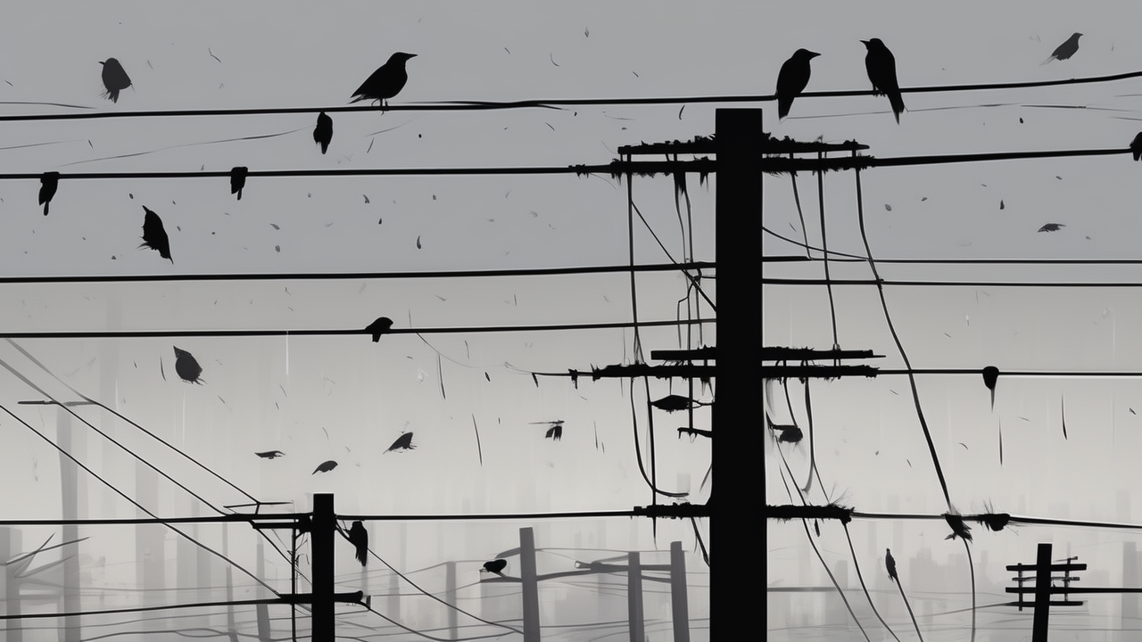 A murder of crows on telephone wires in a grey rainy city