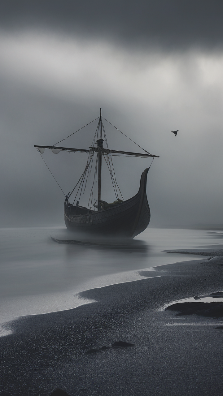 Black sand beach with a wrecked Viking longship