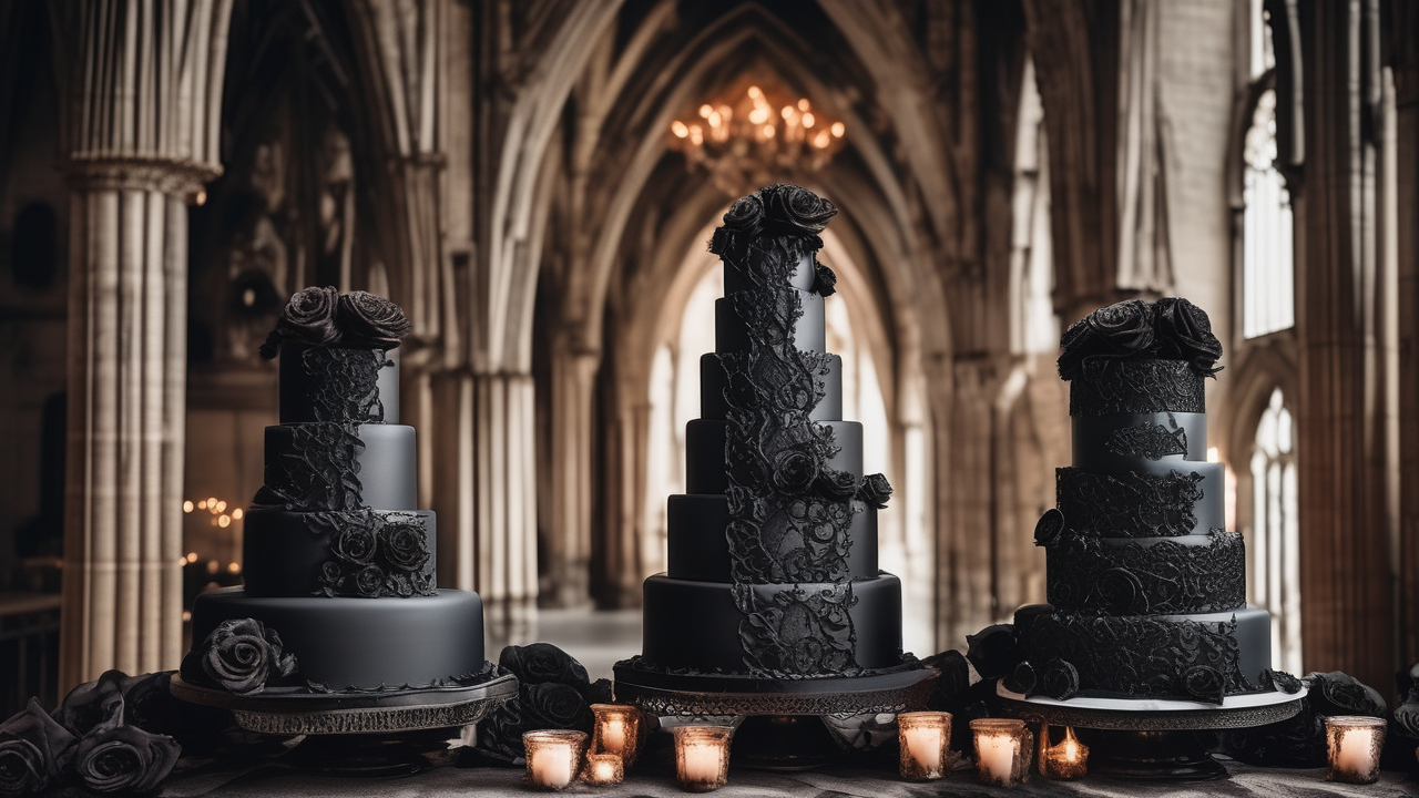 Gothic black wedding cake — three tiers of black roses and skulls in a candlelit cathedral