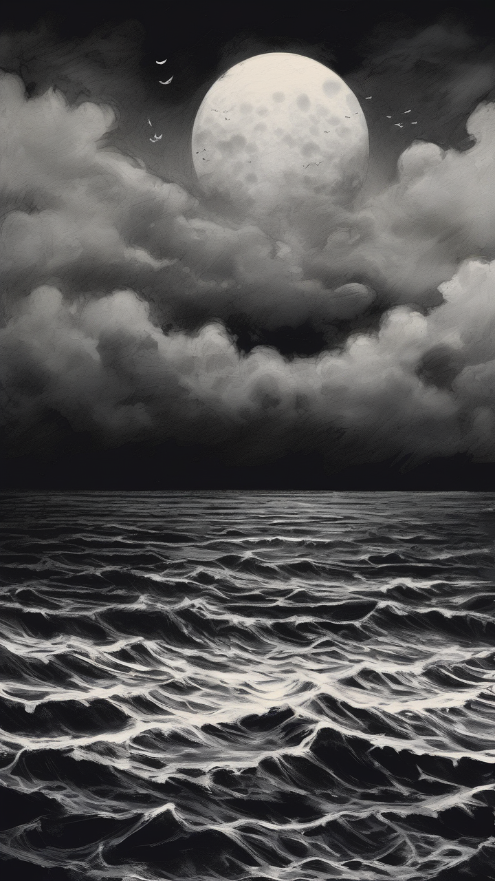 An ink black ocean under a moonless overcast sky