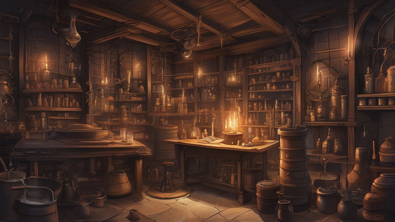 An alchemist's laboratory at night — crucibles