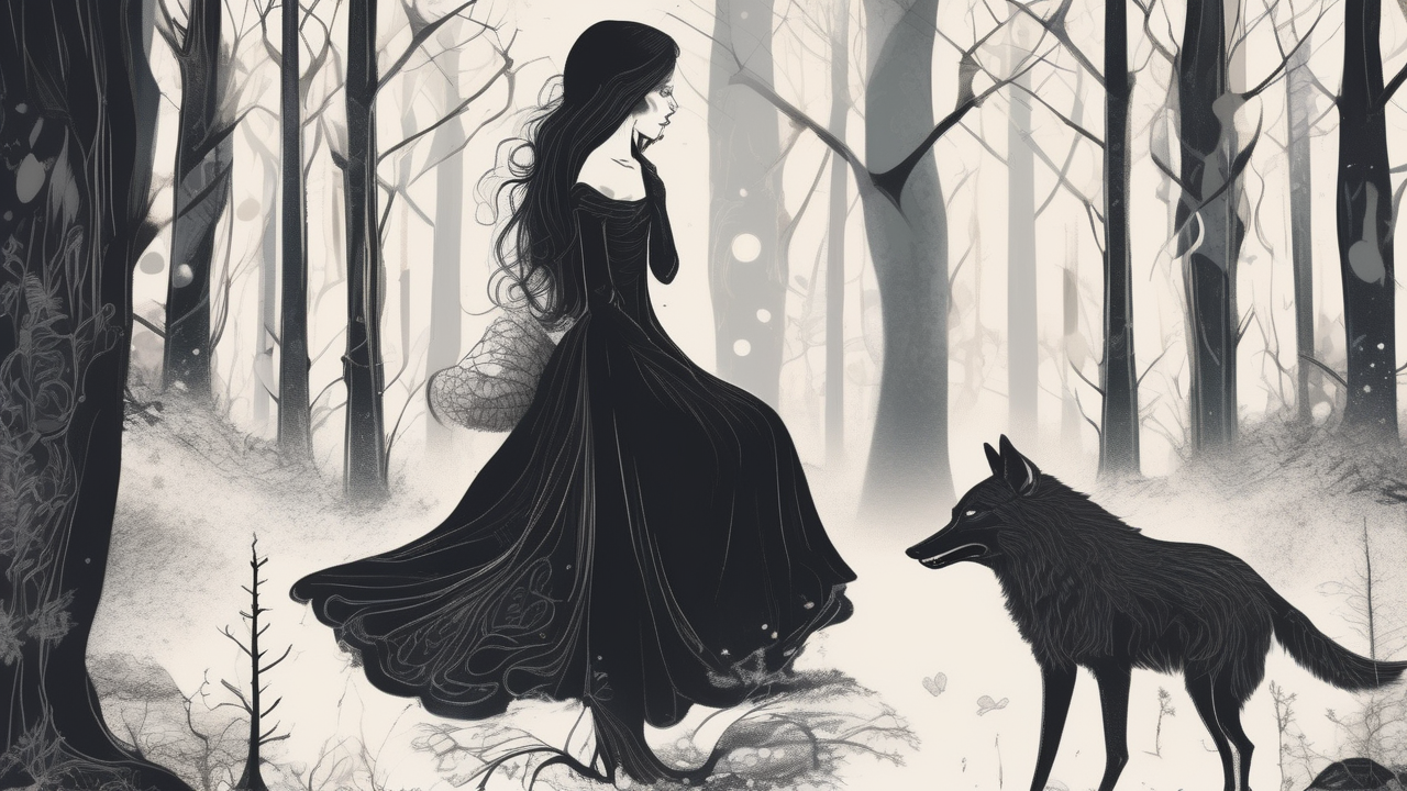 Dark whimsical — a girl in black in a dark enchanted forest talking to a wolf