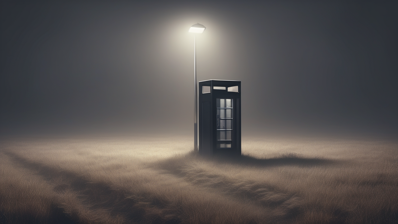 An isolated lit phonebooth in an empty dark fog-covered field at night