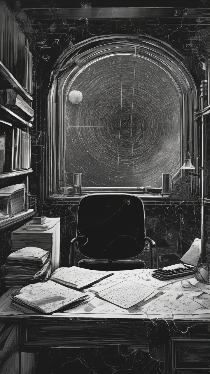 A black hole in a dark room — a physicist's desk scattered with equations