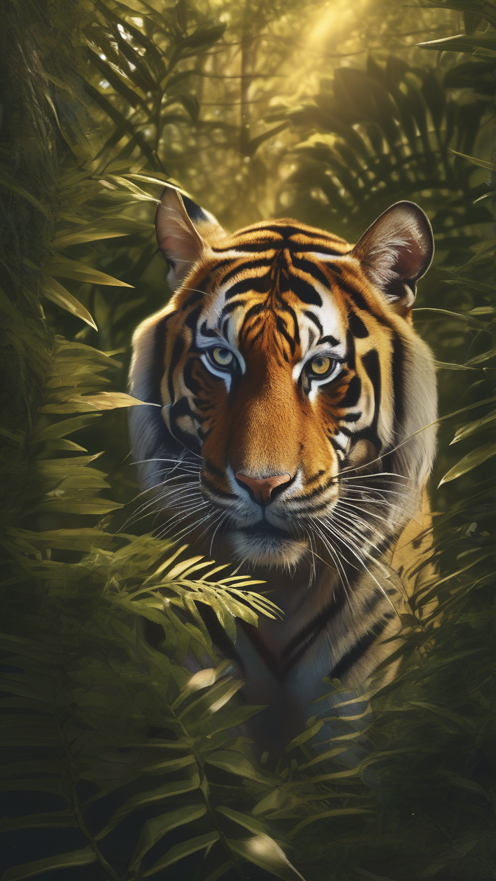 A Bengal tiger emerging from dense jungle undergrowth