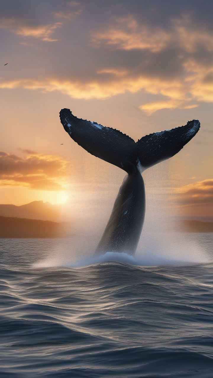 Humpback whale breaching at sunset
