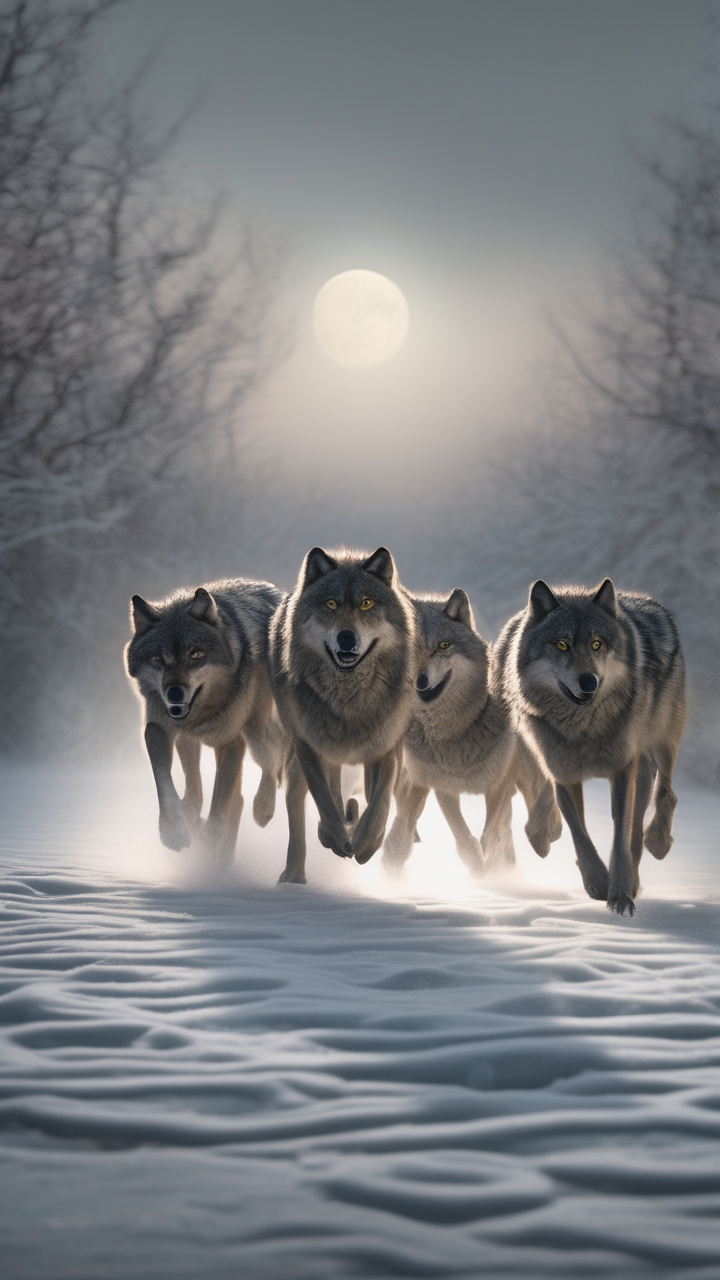 A wolf pack running across a frozen lake in winter