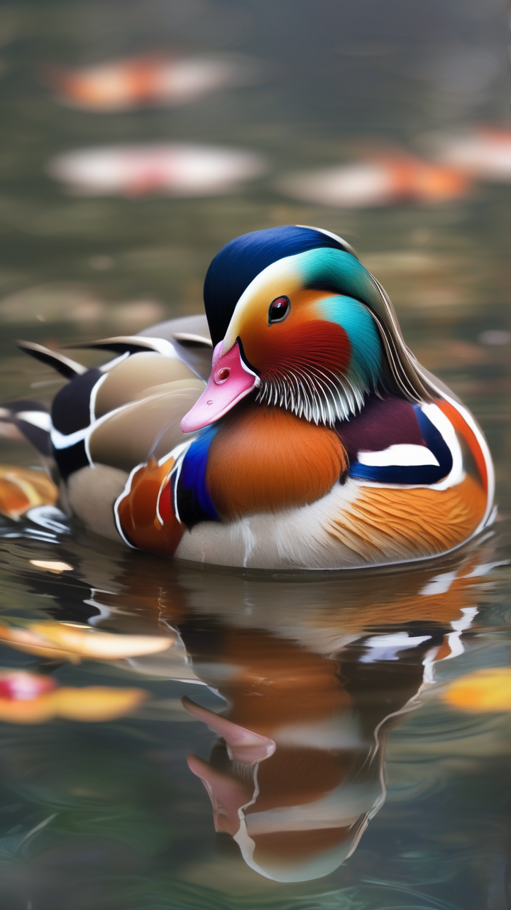 Mandarin duck on a Japanese koi pond