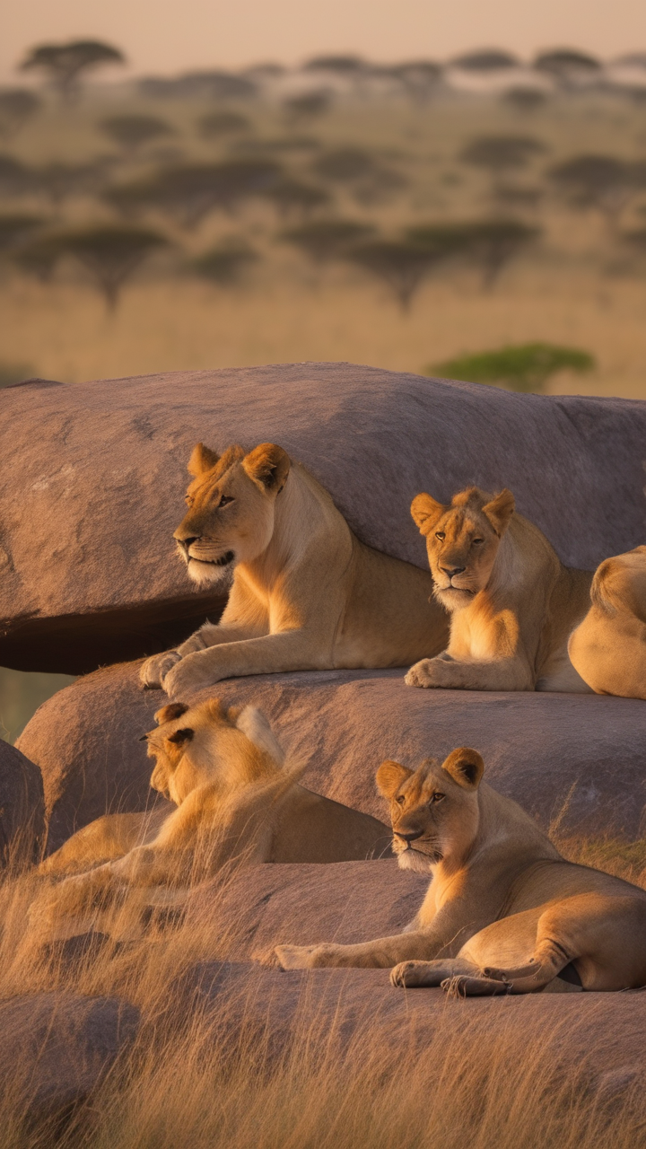 A pride of lions resting on kopje rocks at sunrise