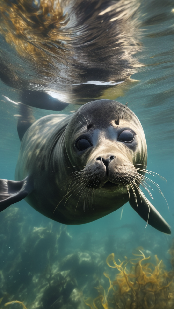 Underwater seal playing in kelp forest