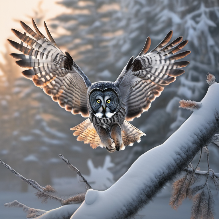 A great grey owl landing on a snowy branch at dawn