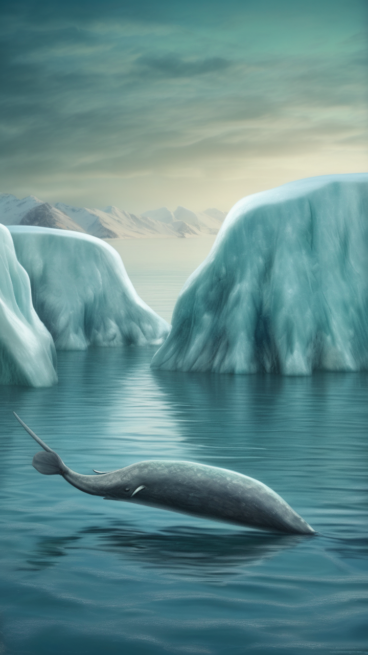 A narwhal pod swimming in Arctic ice water