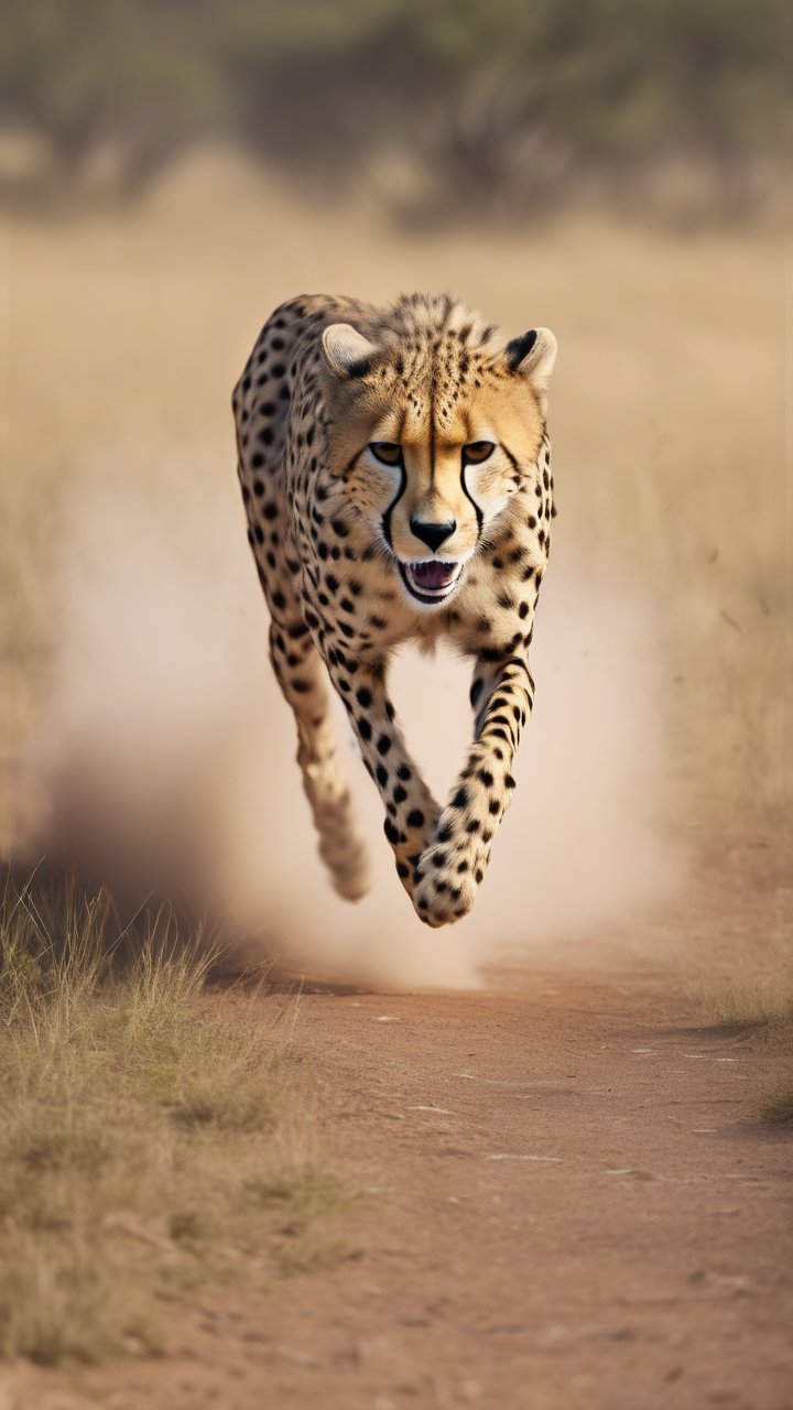 A cheetah at full sprint across the Kenyan savannah