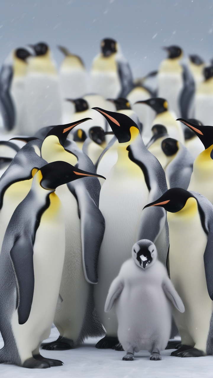 Emperor penguin colony in Antarctica blizzard