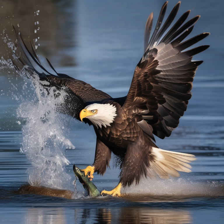 A bald eagle clutching a fish it just snatched from a river