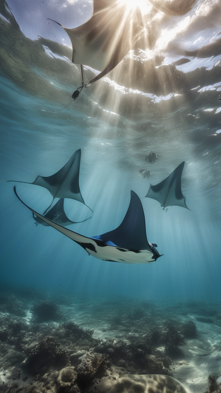 Manta rays flying through a sunlit shallow tropical sea