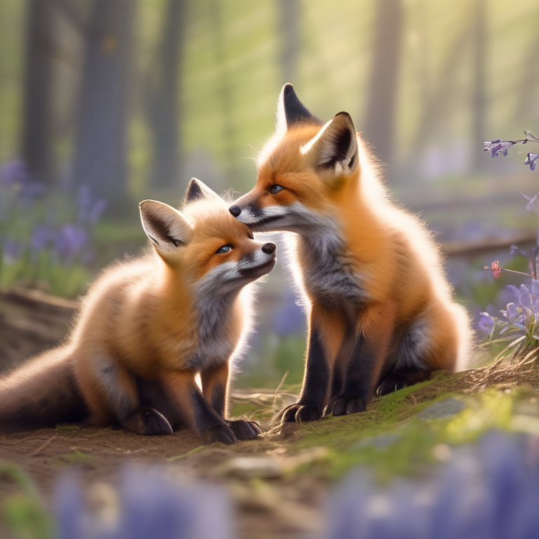 Red fox cubs playing outside their den in spring