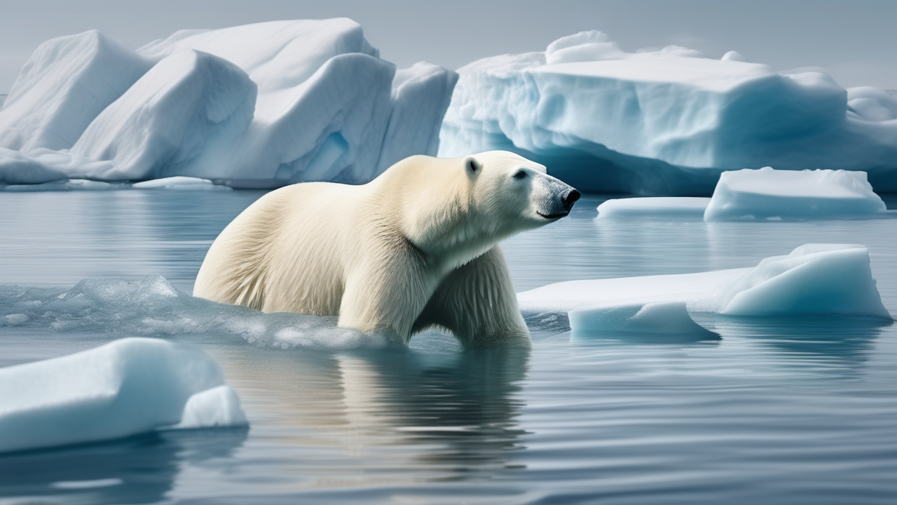 Polar bear swimming between icebergs