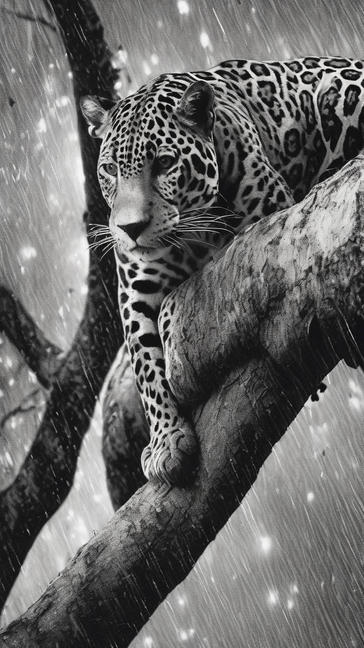 A jaguar in a tree in the Amazon at night