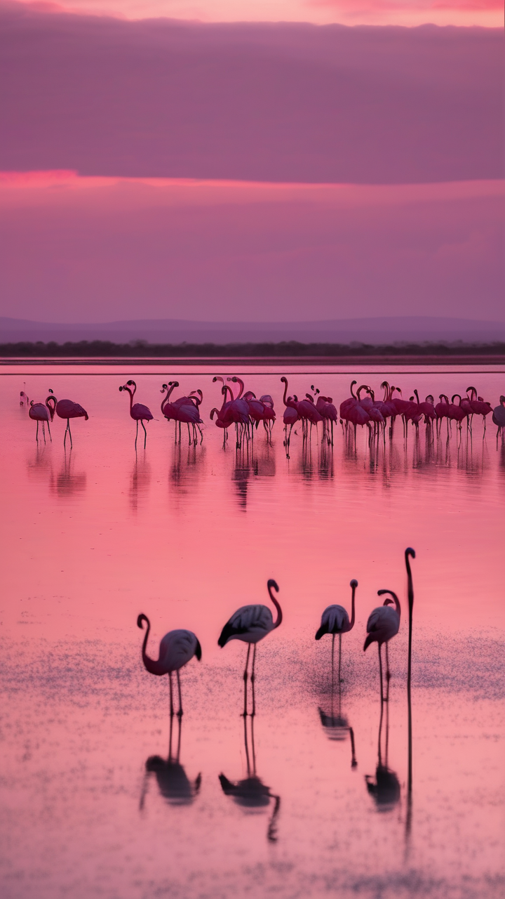 A flock of flamingos at dawn on a soda lake