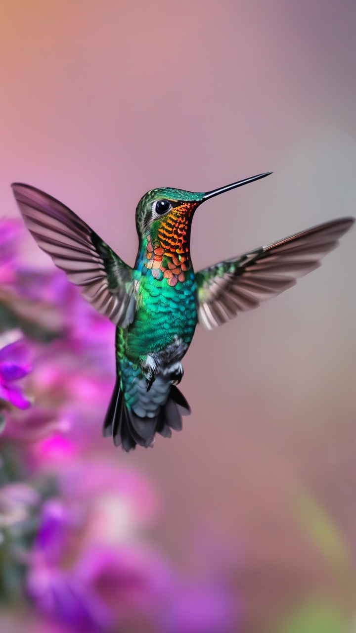 Hummingbird hovering at a flower in super-macro