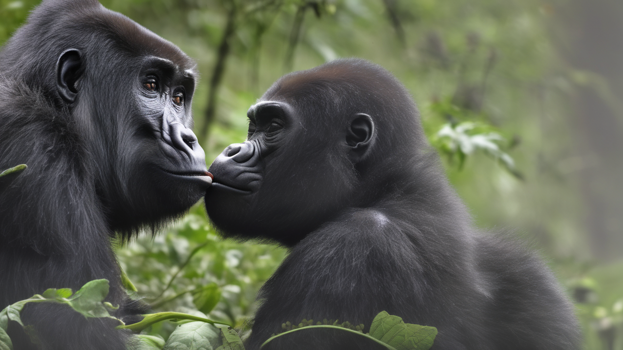 A mountain gorilla family feeding in misty Virunga