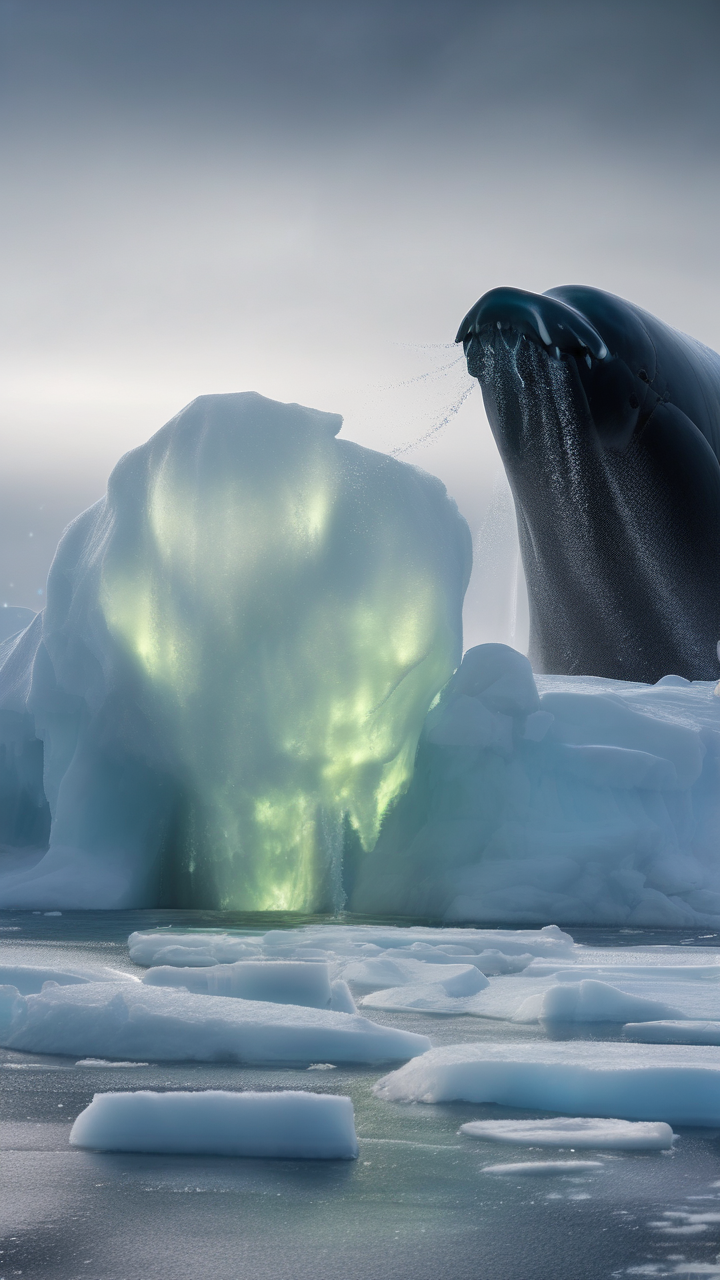 Bowhead whale surfacing through Arctic pack ice