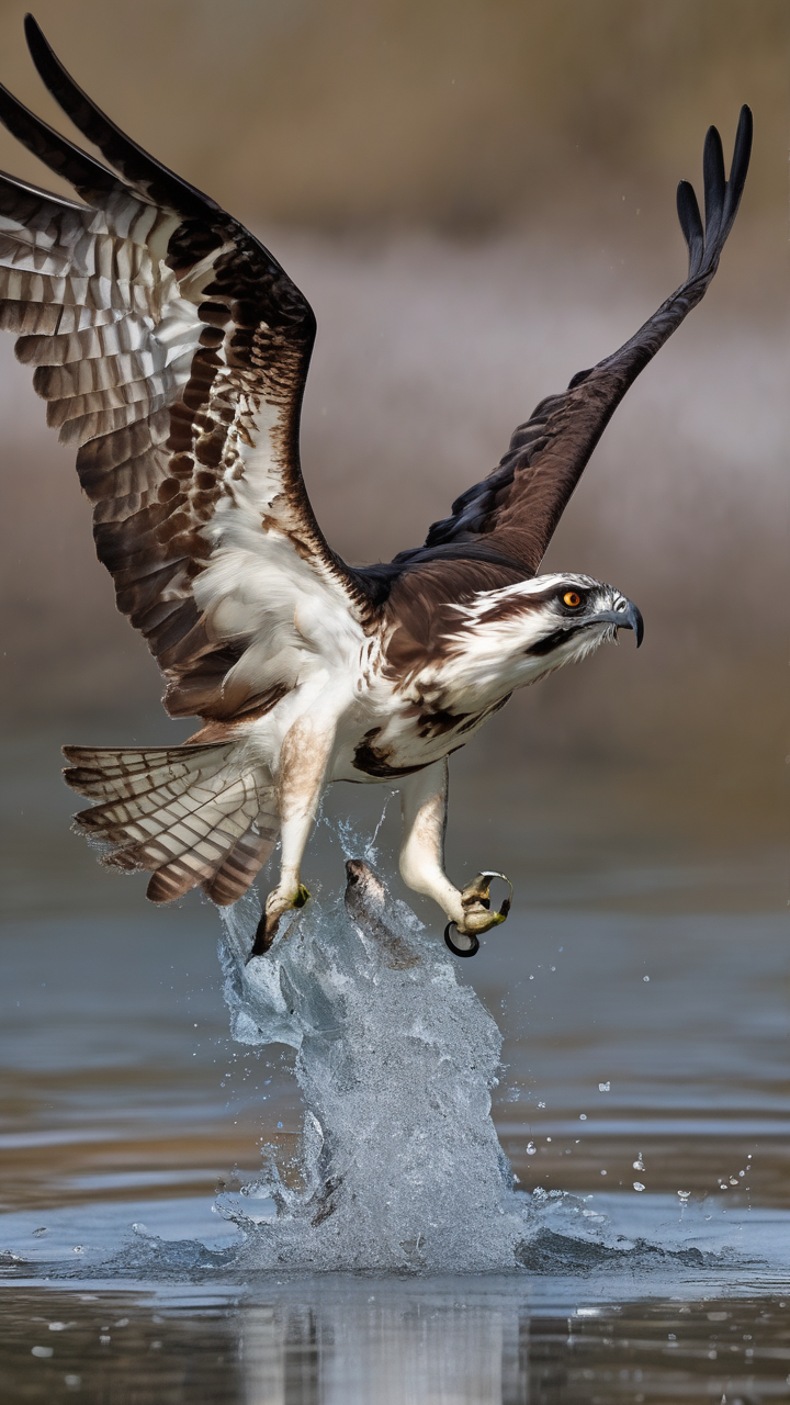 Osprey diving feet-first into a river to catch a trout