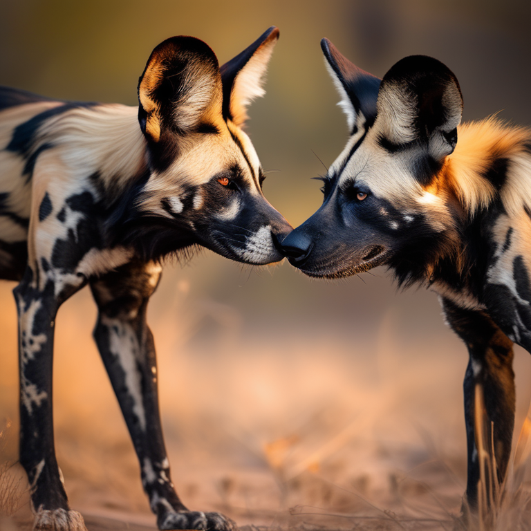 African wild dog pack greeting each other in the morning