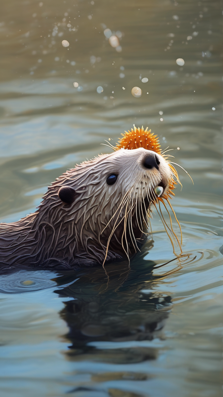 A sea otter floating on its back eating a sea urchin