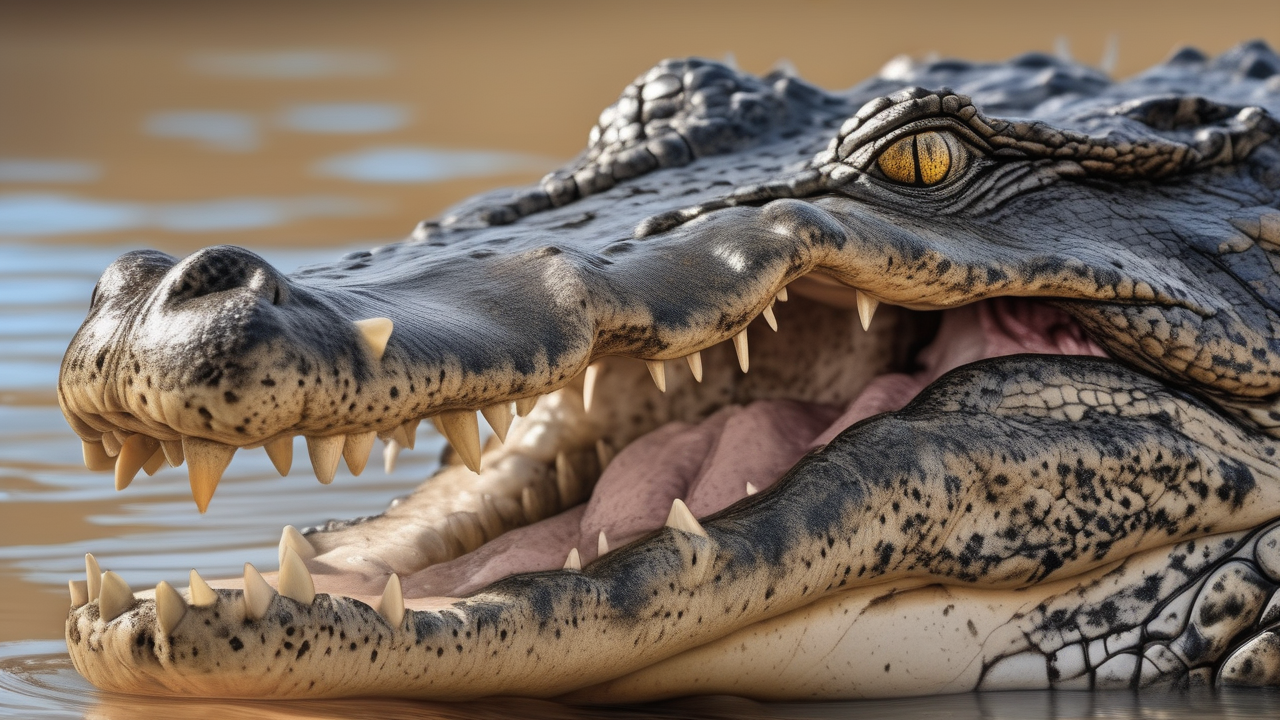 A saltwater crocodile ambush — head emerging slowly from still brown water