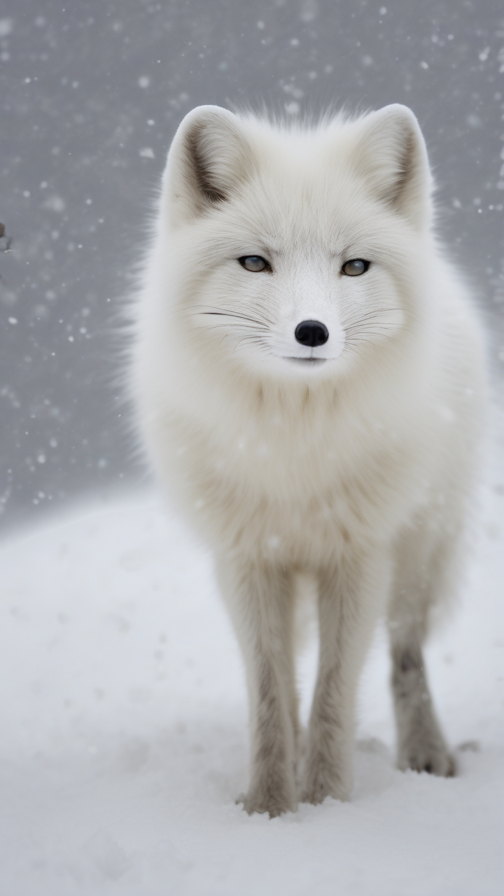 White Arctic fox in a blizzard