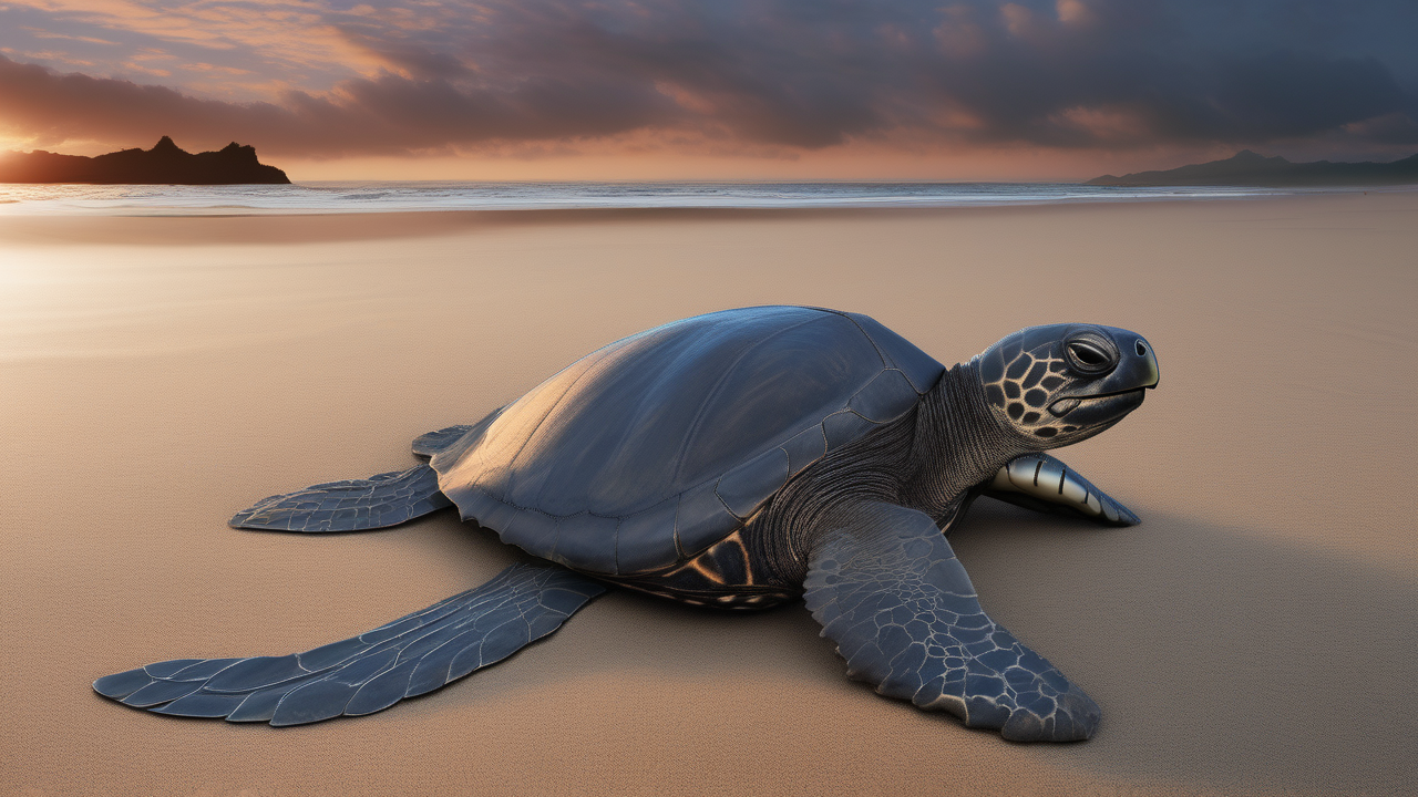 A leatherback sea turtle emerging from the ocean at dawn to nest
