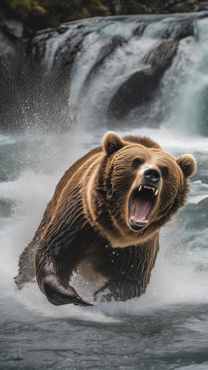 Grizzly bear catching a salmon mid-leap at Brooks Falls