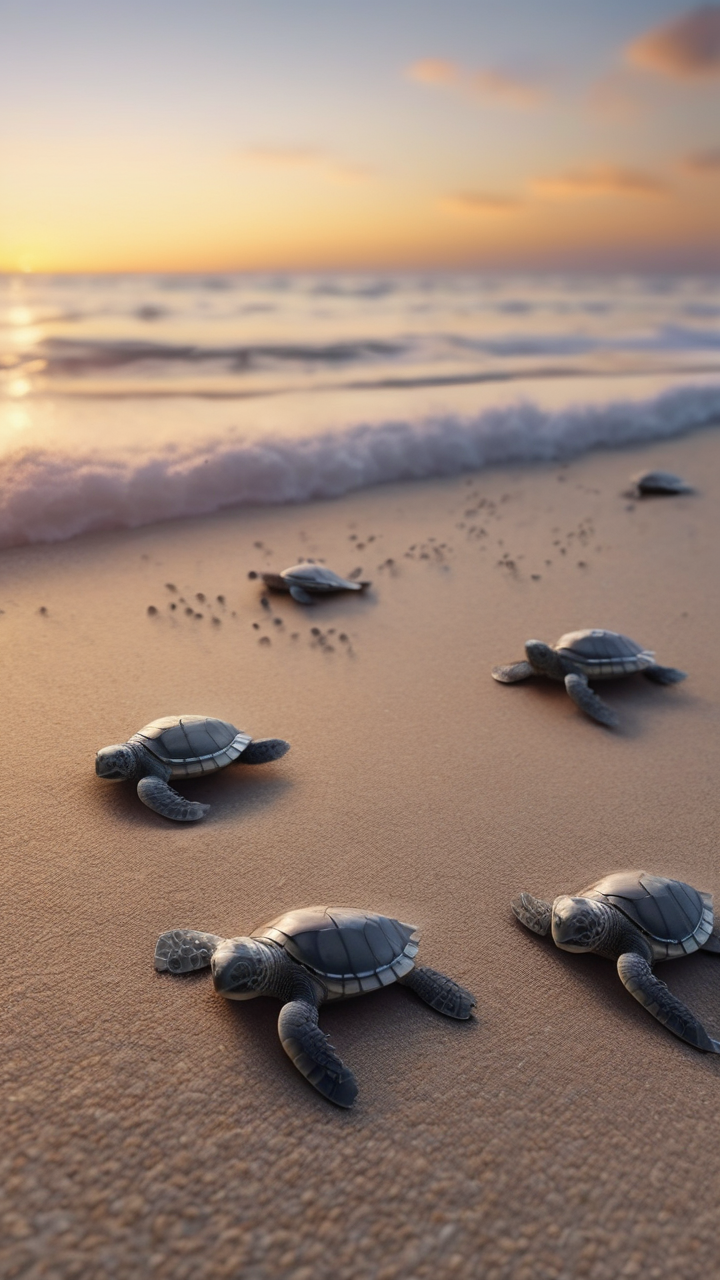 Baby sea turtles hatching and running to the sea at sunrise