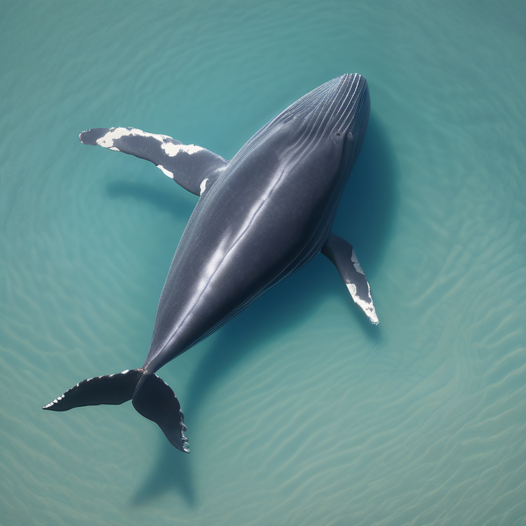 A blue whale seen from directly above in clear ocean water