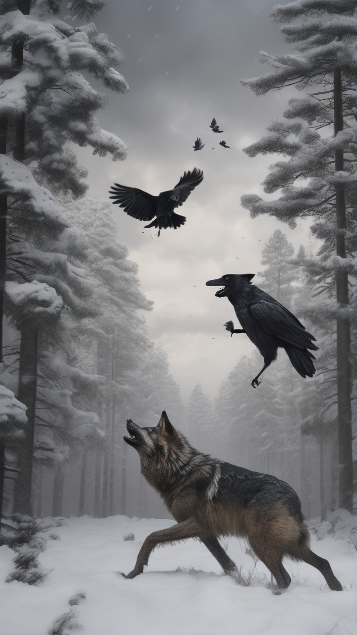 Wolves and ravens sharing a kill in a snowy pine forest