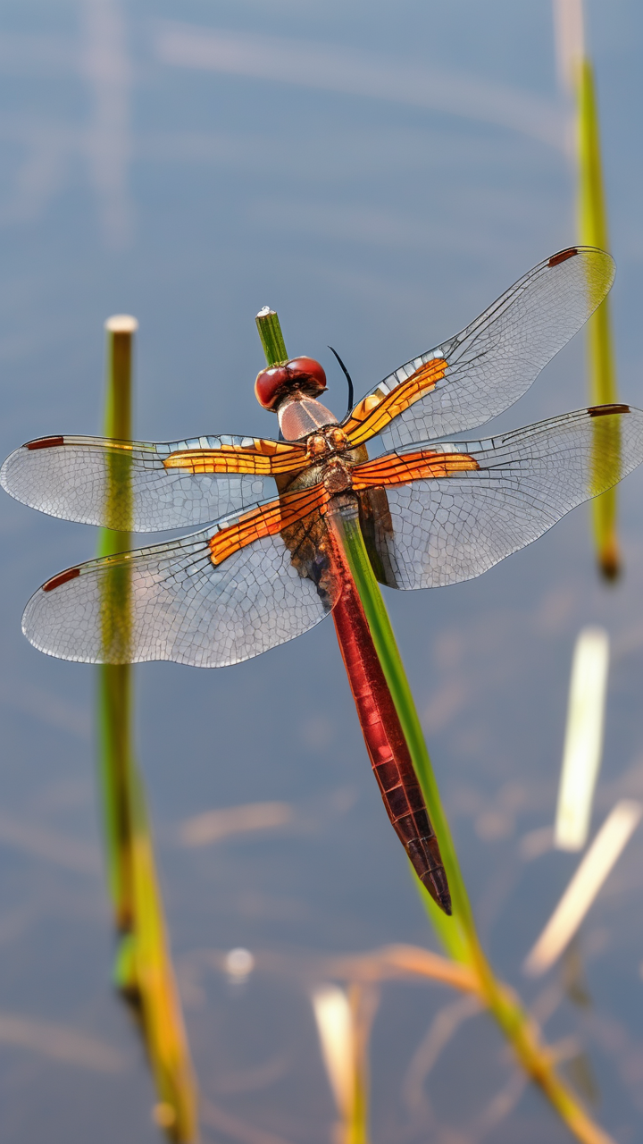A dragonfly resting on a reed